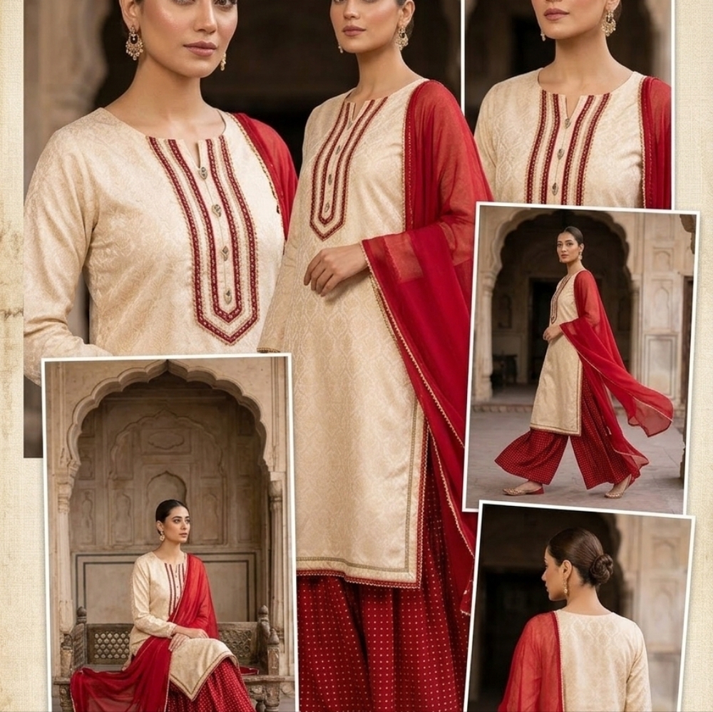 Chinyere- Red Garaara & Cream Shirt With Chiffon Duppata - 3 Piece Suit - Picture 5 of 5